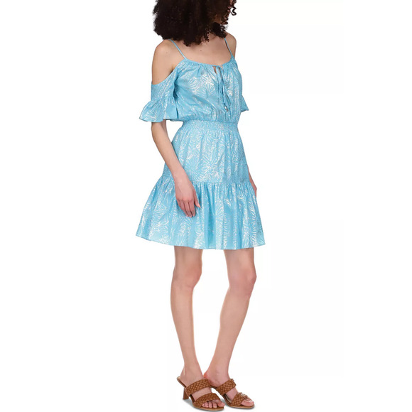MICHAEL Michael Kors Foil-Print Cold-Shoulder Dress Turquoise Size XS 3050 - Picture 1 of 2